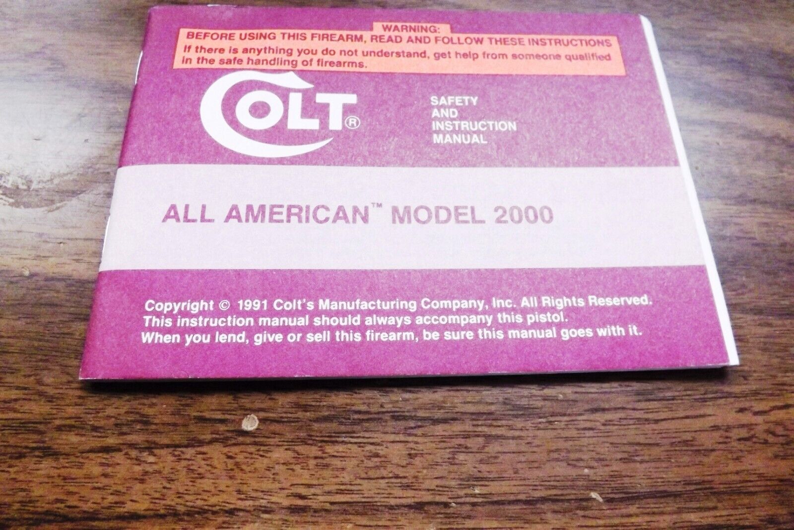 Colt All American model 2000 Pistol Instruction Manual 1992 Excellent