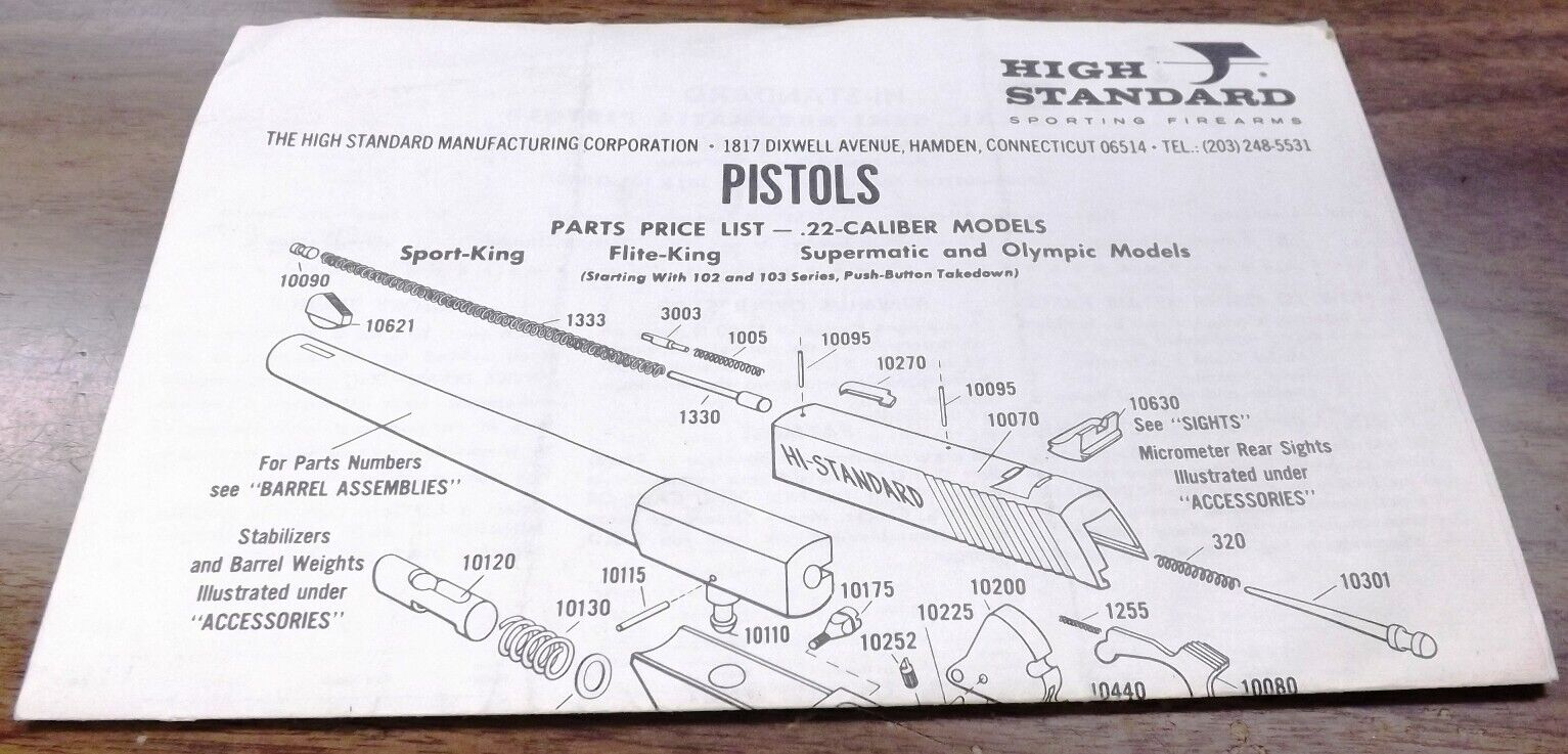 High Standard Instruction Manual Parts List .22 Sport Flite King Supermatic 1963