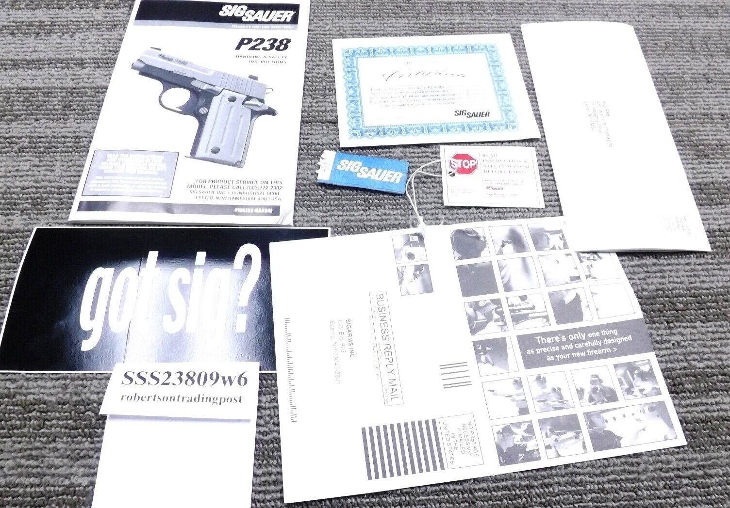 Sig Sauer Factory Manual, Papers, Hang Tag for P238 .380 Pistol 2009 7 Documents