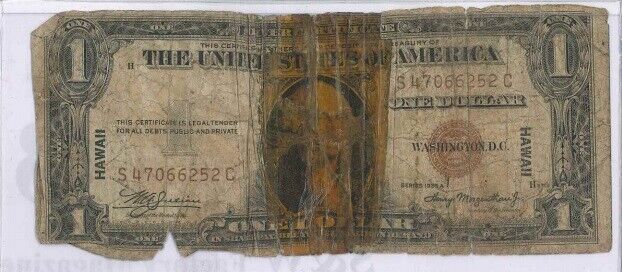 US $1.00 Note 1935 Hawaii Stamped Silver Certificate Fair Cond No Motto Red Seal