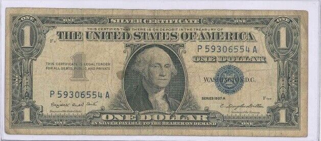 US $1.00 Note 1957-A Silver Certificate Est VG Cond with Motto Blue Serial