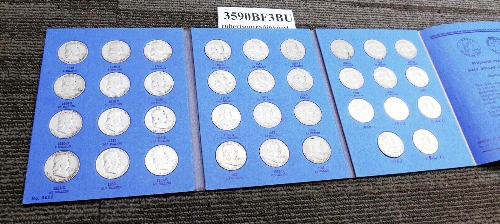 VF-BU Set of 35 Franklin Half Dollars 1948-1963 Whitman Folder Free Ship