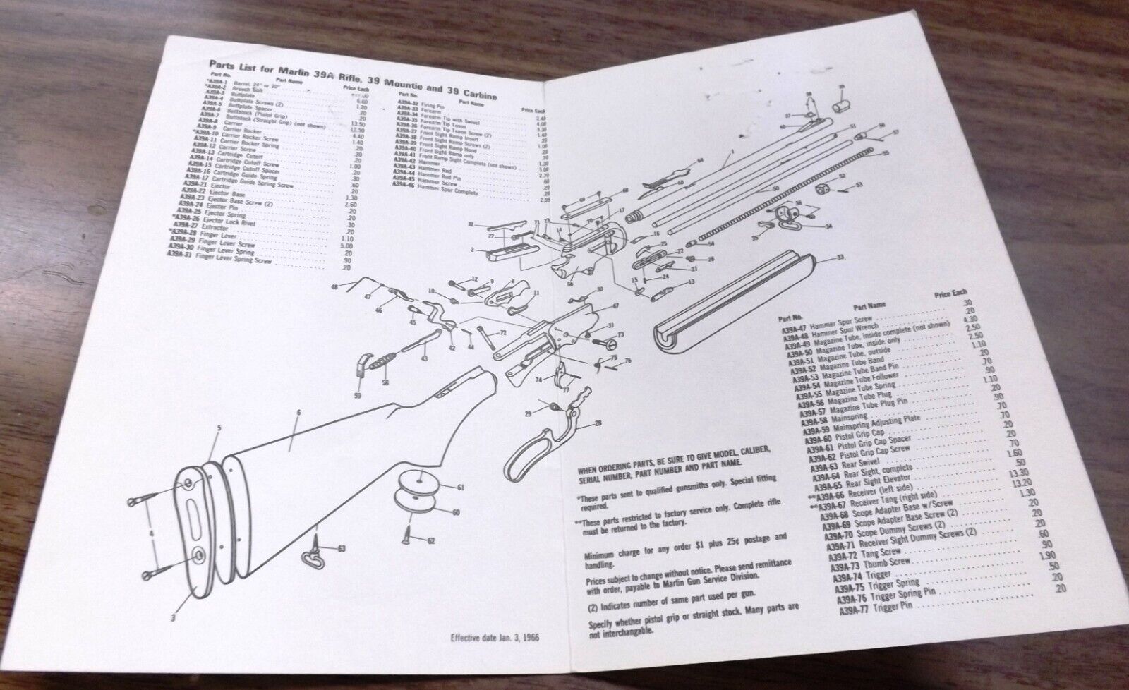 1966 Factory Hang Tag Parts List Instruction Manual for Marlin 39A Mountie VG - Image 3