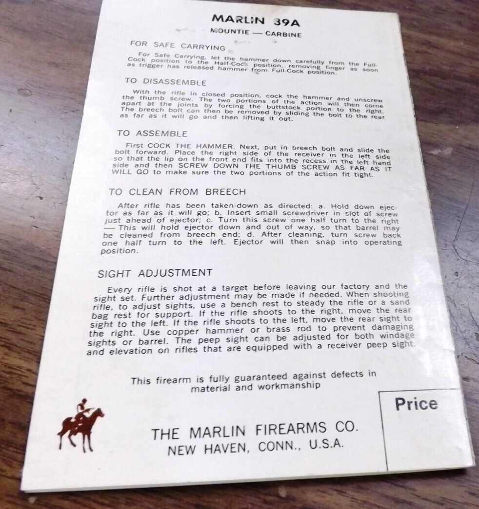 1966 Factory Hang Tag Parts List Instruction Manual for Marlin 39A Mountie VG - Image 6