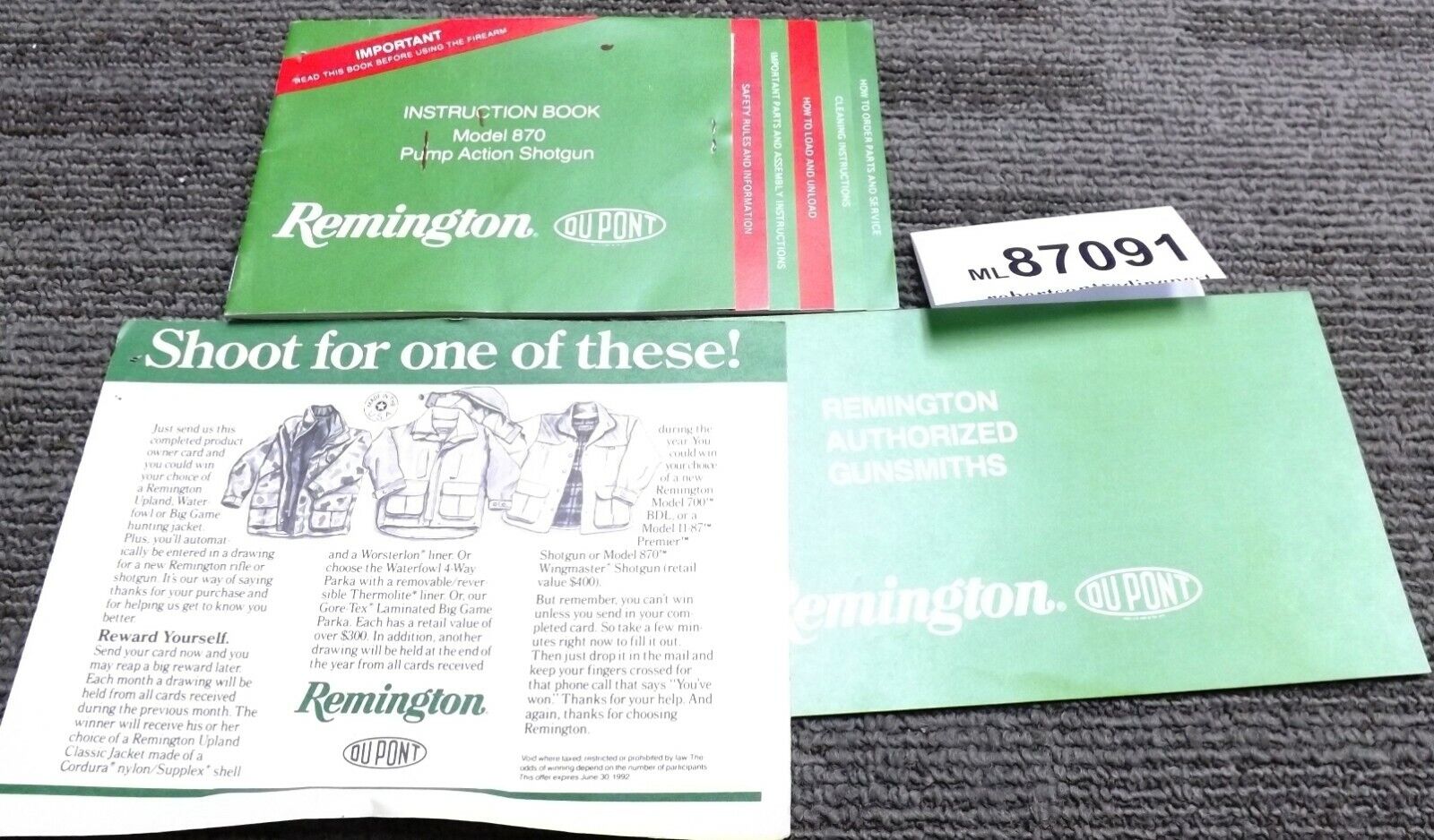 1989 Remington Instruction Book, Gunsmith Directory & Record for 870 Shotguns