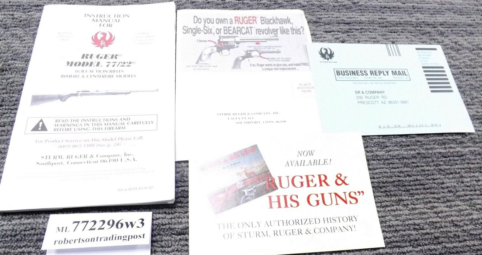 1996 Ruger Instruction Manual, Registration, Revolver Card for 77/22 7722 Bolt