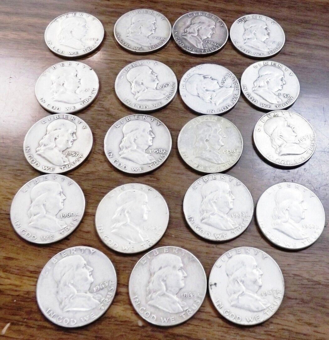 20 Franklin Silver Half Dollars Roll 1951-1963 Est F-XF $13.95 ea Free Ship