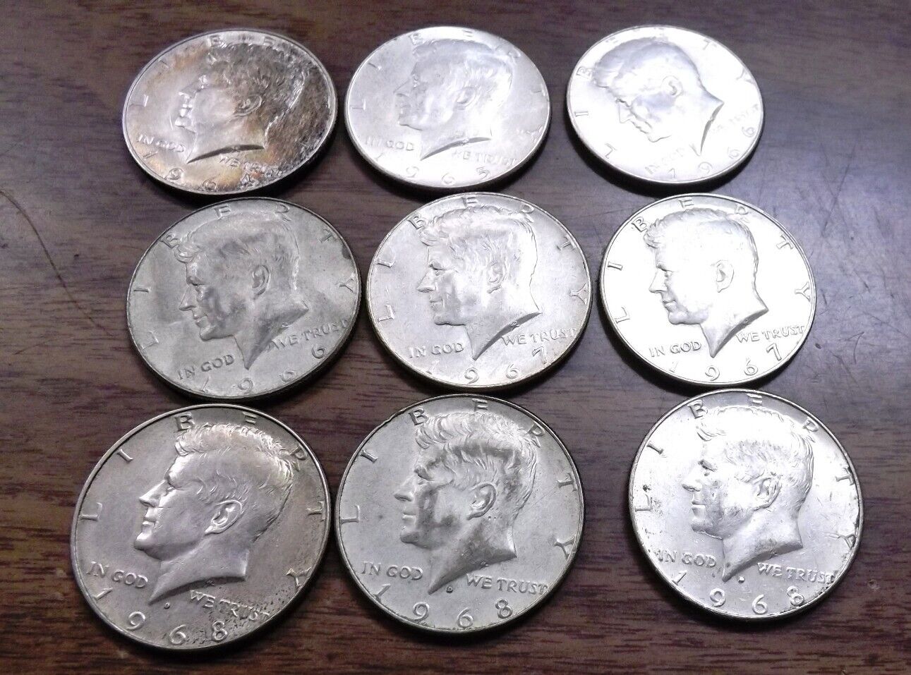 Collection of 9 Kennedy Silver Halves 1 1964 1 65 2 66 2 67 3 68D Free Ship