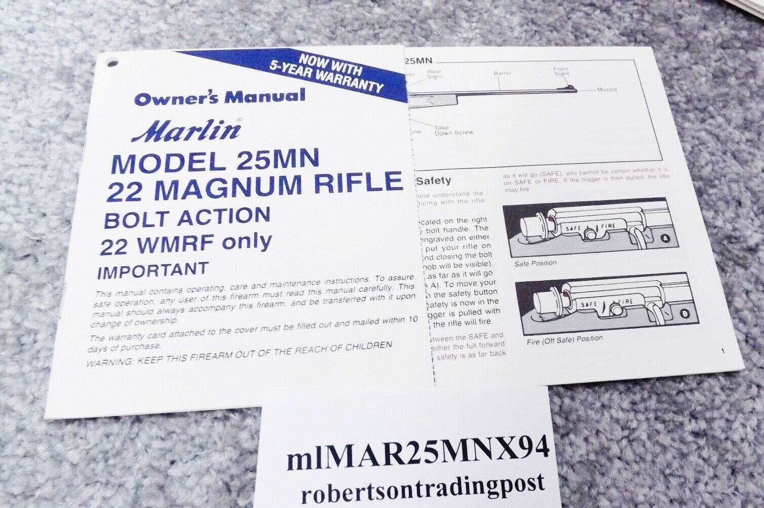 Marlin Owners Instruction Manual for 25 MN Bolt Action .22 Rifle 1994 Excellent