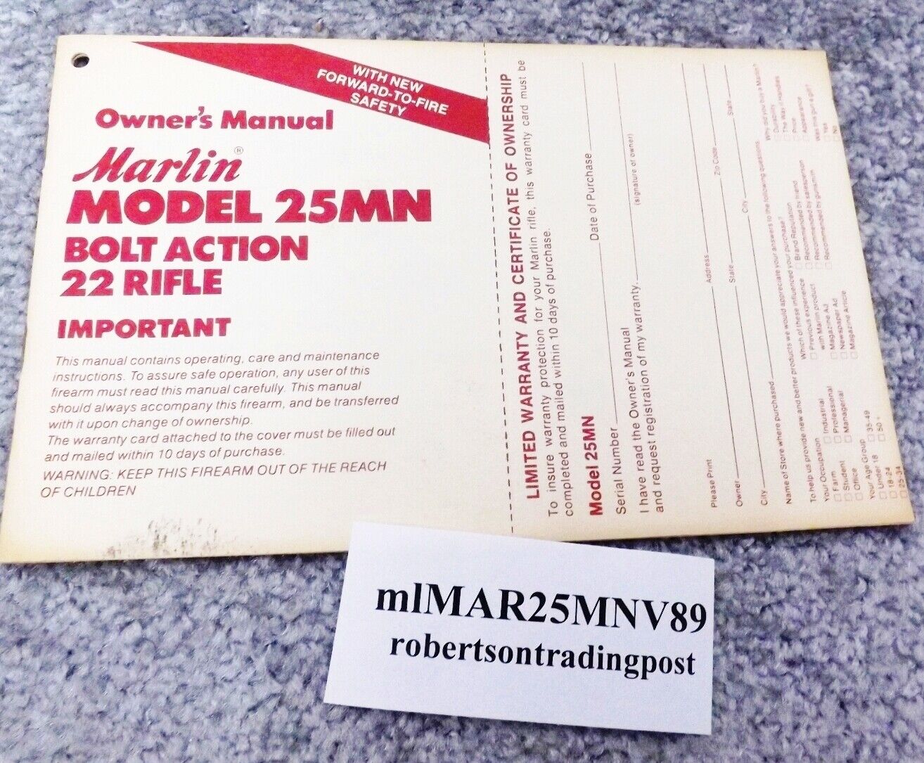 Marlin Owners Manual for 25 MN Bolt Action .22 Rifle 1989 Registration Card