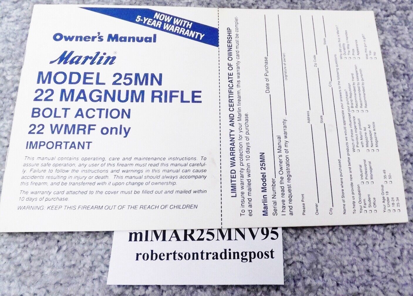 Marlin Owners Manual for 25 MN Bolt Action .22 Rifle 1995 Registration Card