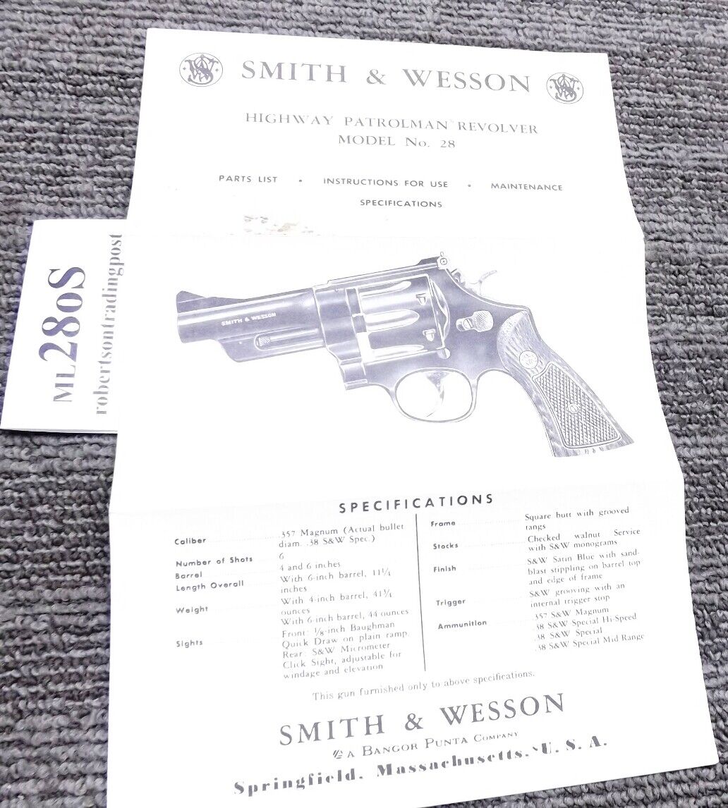 Smith & Wesson Model 28 Instructions for Use Owners Manual Bangor Punta S&W