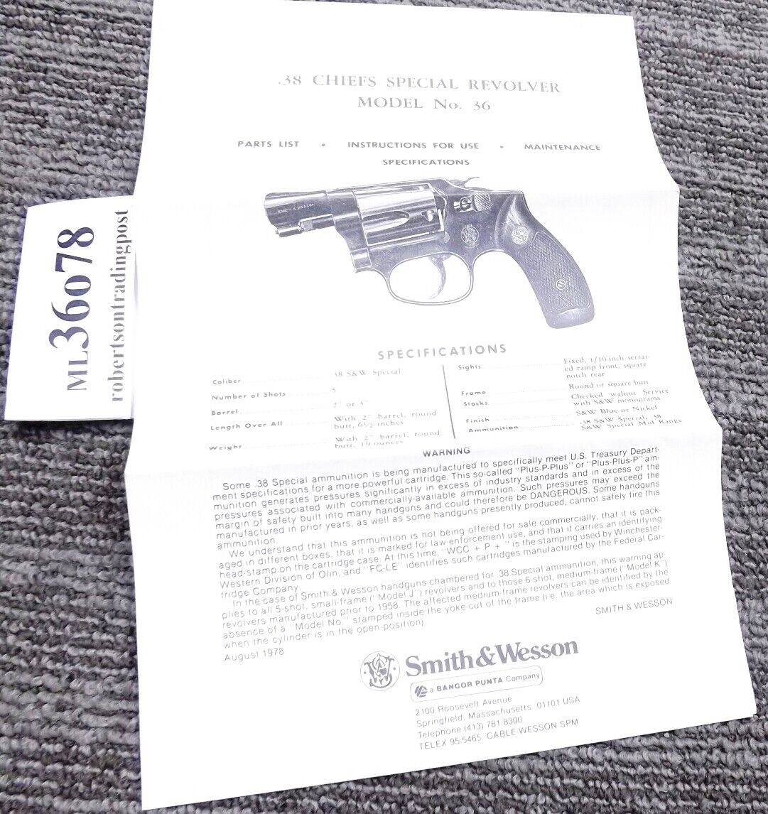 Smith & Wesson Model 36 Instructions for Use Owners Manual Bangor Punta S&W