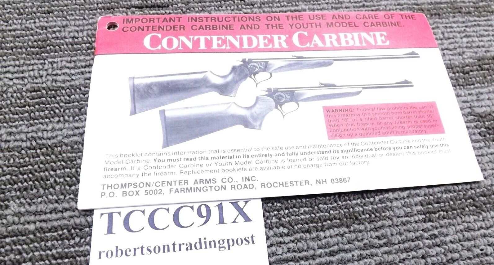 Thompson Center 1991 Contender Carbine Owners Instruction Manual w Registration