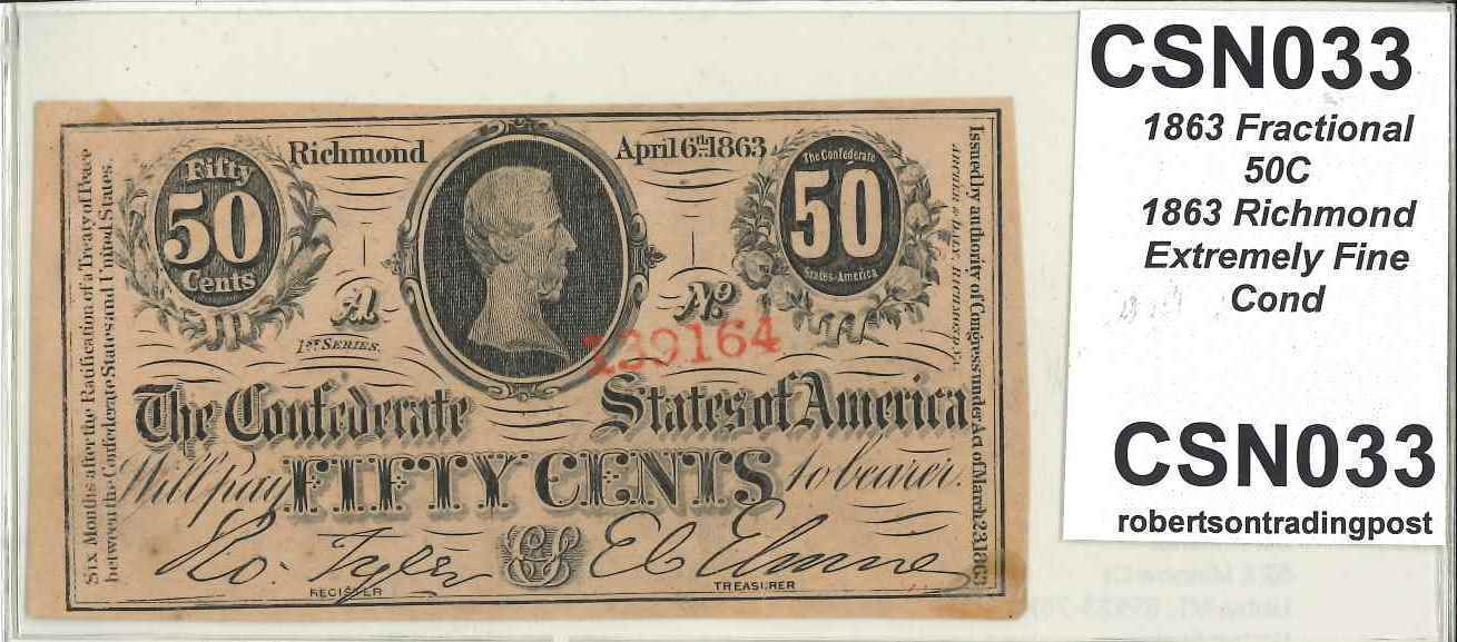 1863 Confederate Fractional 50 Cent Note Archer & Daily Richmond VF-XF