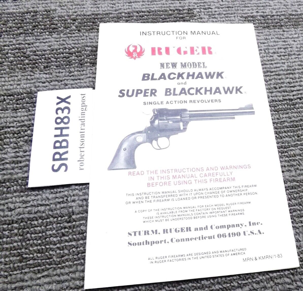 1983 Ruger Instruction Manual New Model Blackhawk, Super Blackhawk Exc 20 pg