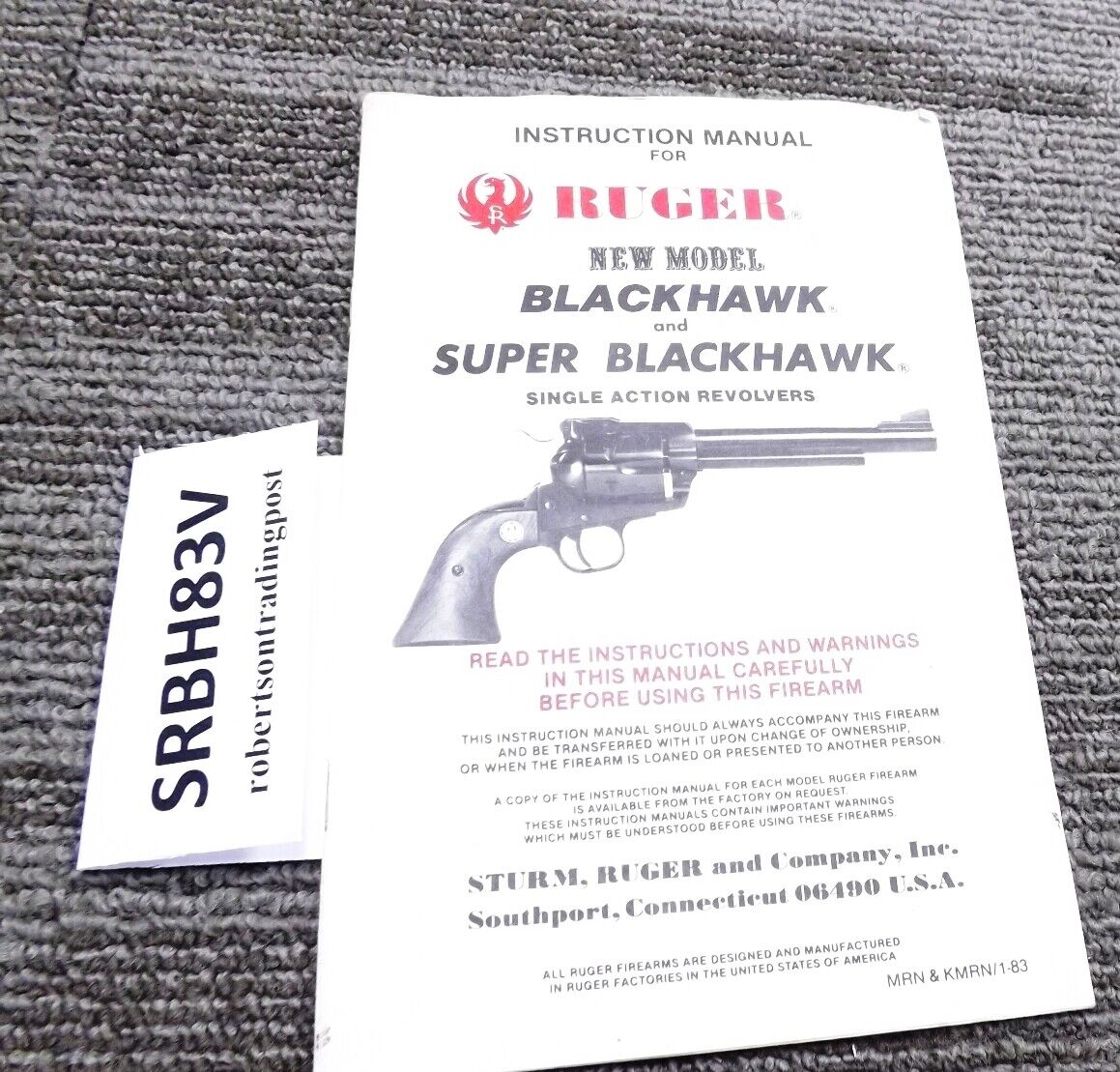 1983 Ruger Instruction Manual New Model Blackhawk, Super Blackhawk VG 20 pg