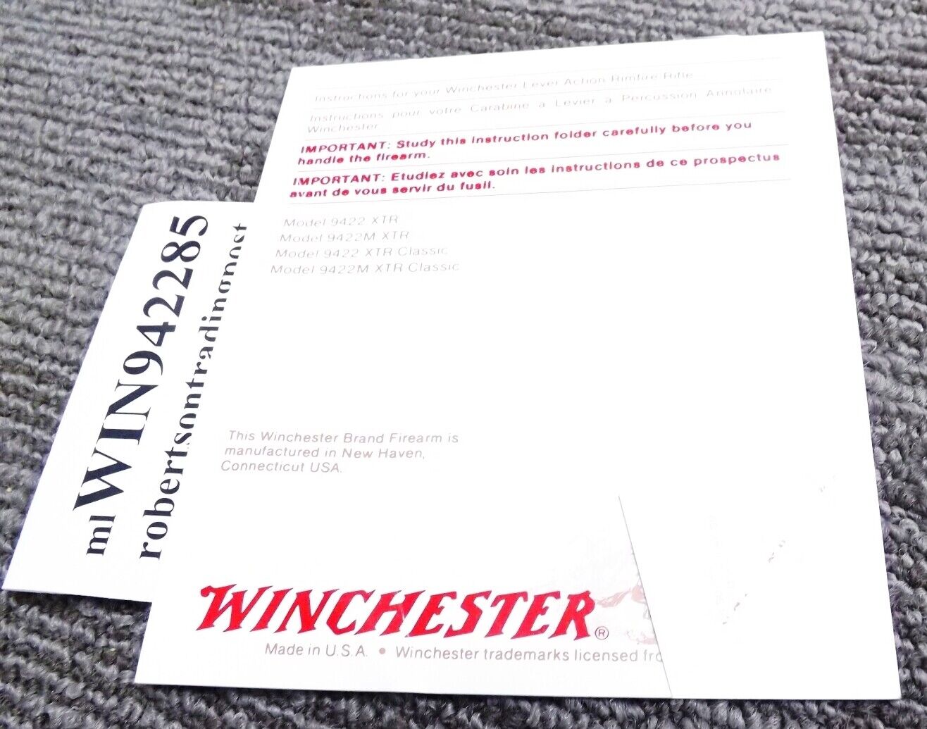 1985 Factory Owners Instruction Manual for Winchester Model 9422 Rifles USRAC