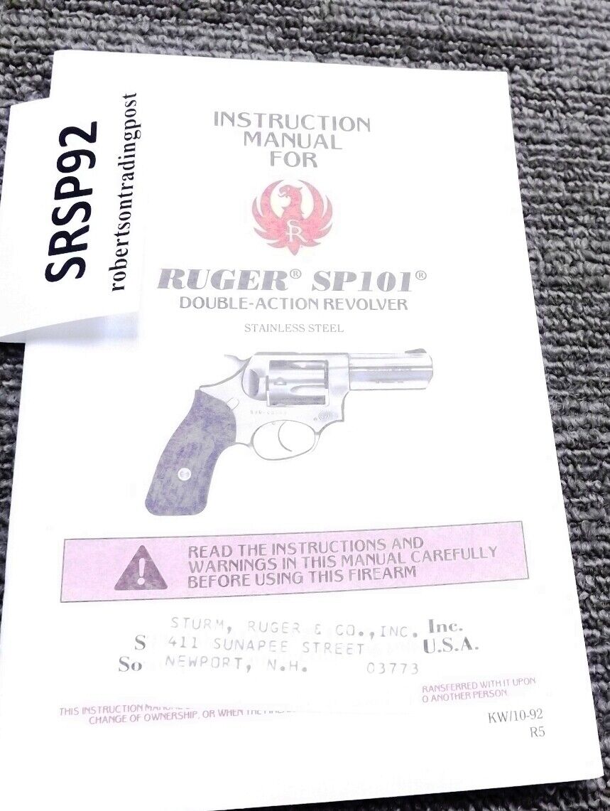 1992 Ruger Factory Instruction Manual for SP101 Revolvers Exc 6th Year 30 pg