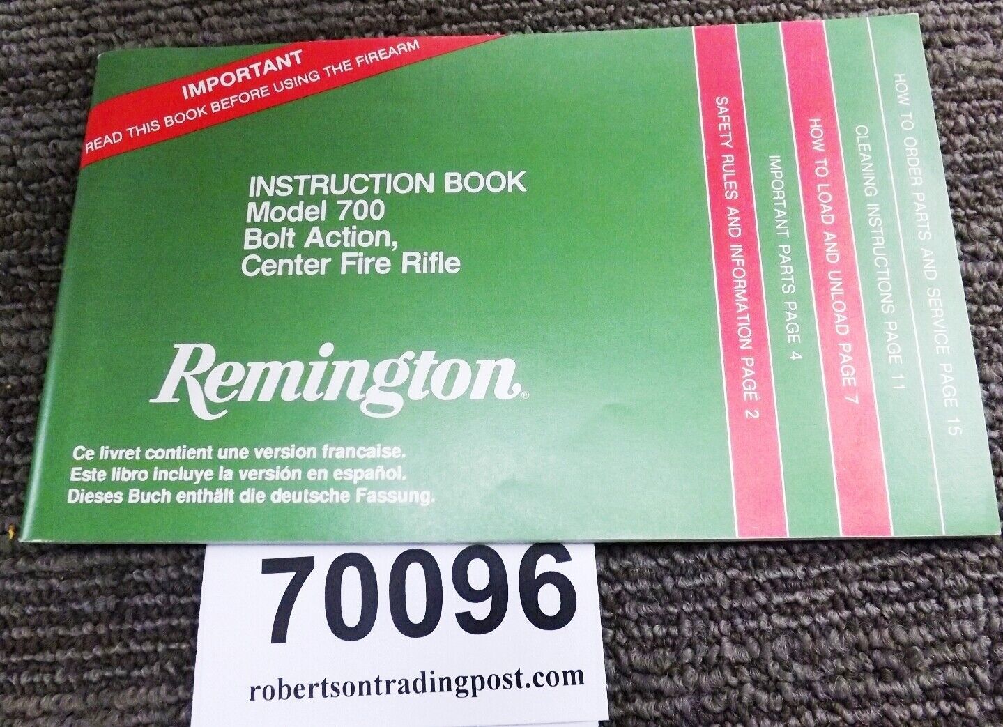 1996 Remington Owner’s Manual Instruction Book for 700 Bolt Action Trilingual