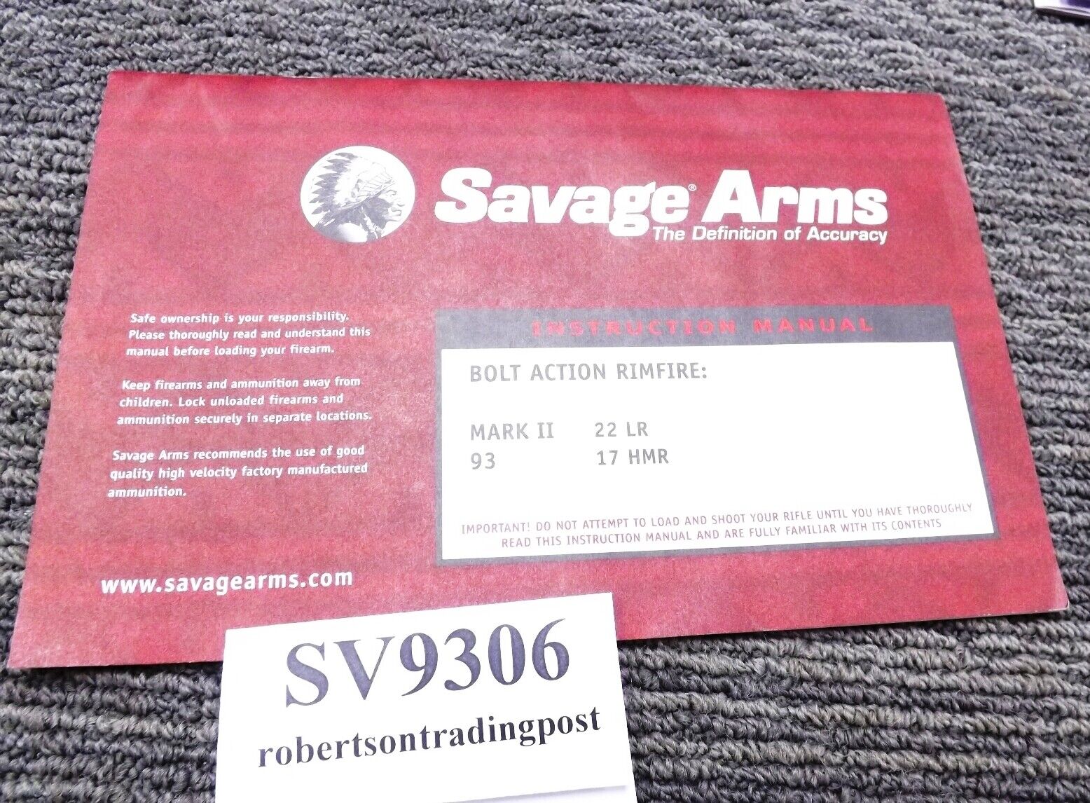 2006 Savage Instruction Manual .22 Bolt Action Mark I II 93 Registration