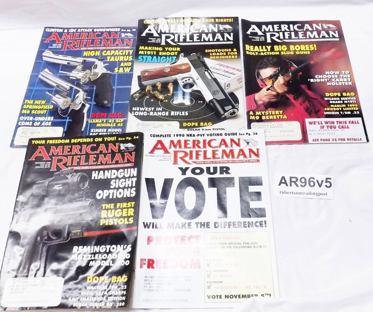 5 Different Issues American Rifleman Magazine 1996 686 7 Shot 1911 Vote VG-Exc