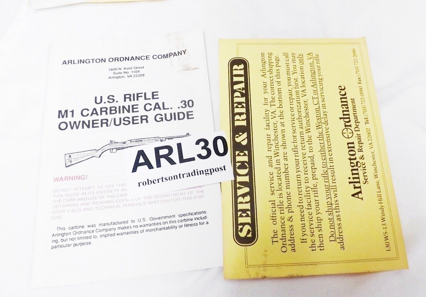 Arlington Ordnance US .30 Carbine Korean Surplus 1989 Manual & Service Card