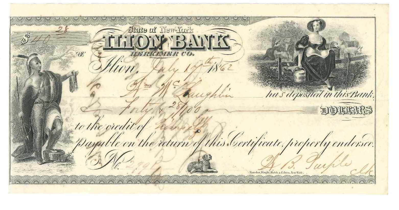 Civil War Deposit Note Ilion Bank NY $40 William McLaughlin 1862 USN034 VF