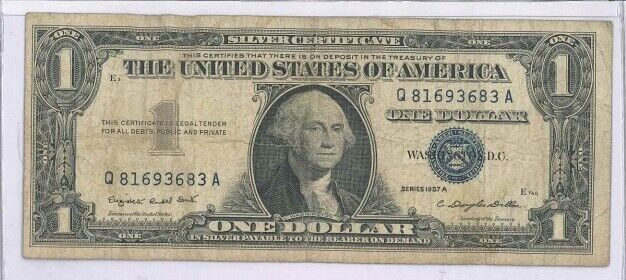 US $1.00 Note 1957-A Silver Certificate Est VG Cond with Motto Blue Serial