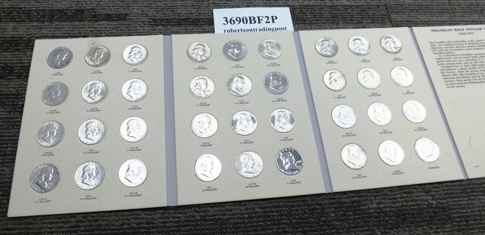 XF-BU Set of 35 Franklin Half Dollars 1948-1963 with added 64 Littleton Folder F